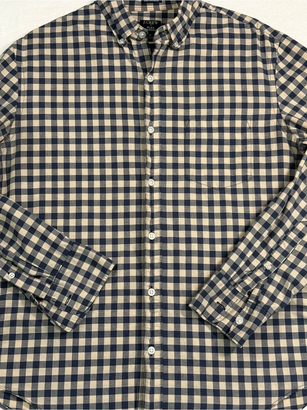 J.Crew Flex Washed Slim Untucked Gingham Shirt Mens Medium Blue Beige Stretch